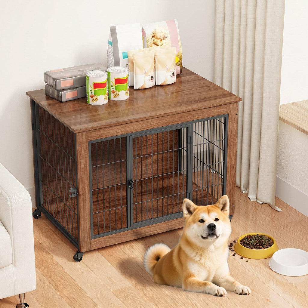 Dog Crate Furniture with Lockable Wheels & Dual Doors