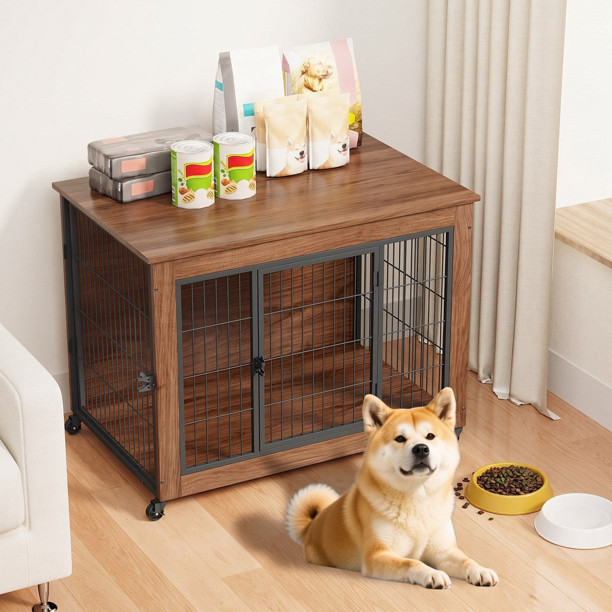 Dog Crate Furniture with Lockable Wheels & Dual Doors