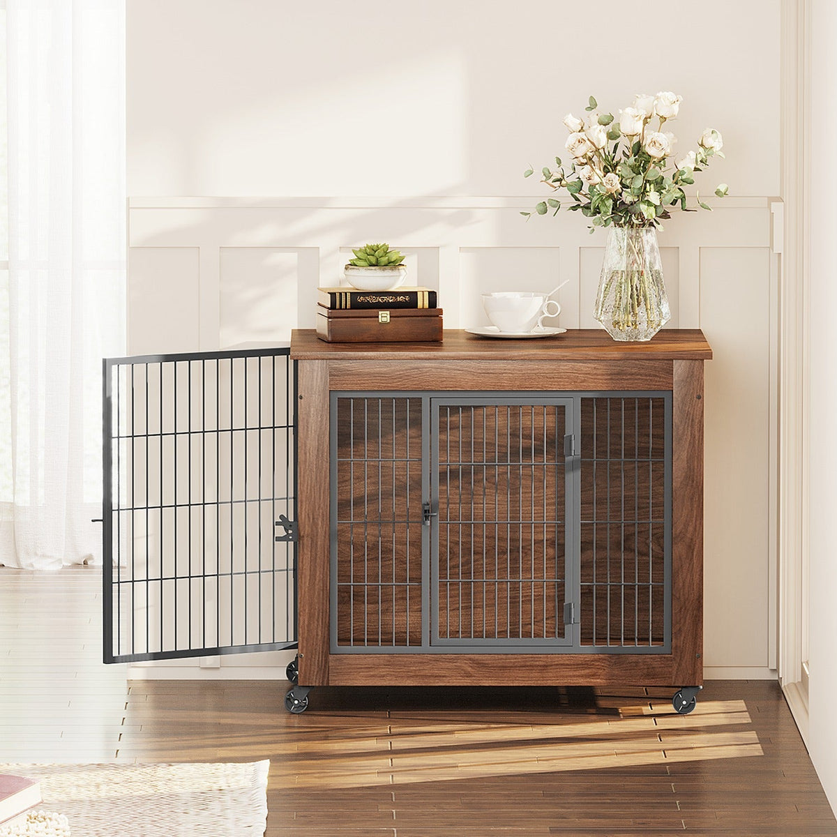 Dog Crate Furniture with Lockable Wheels & Dual Doors