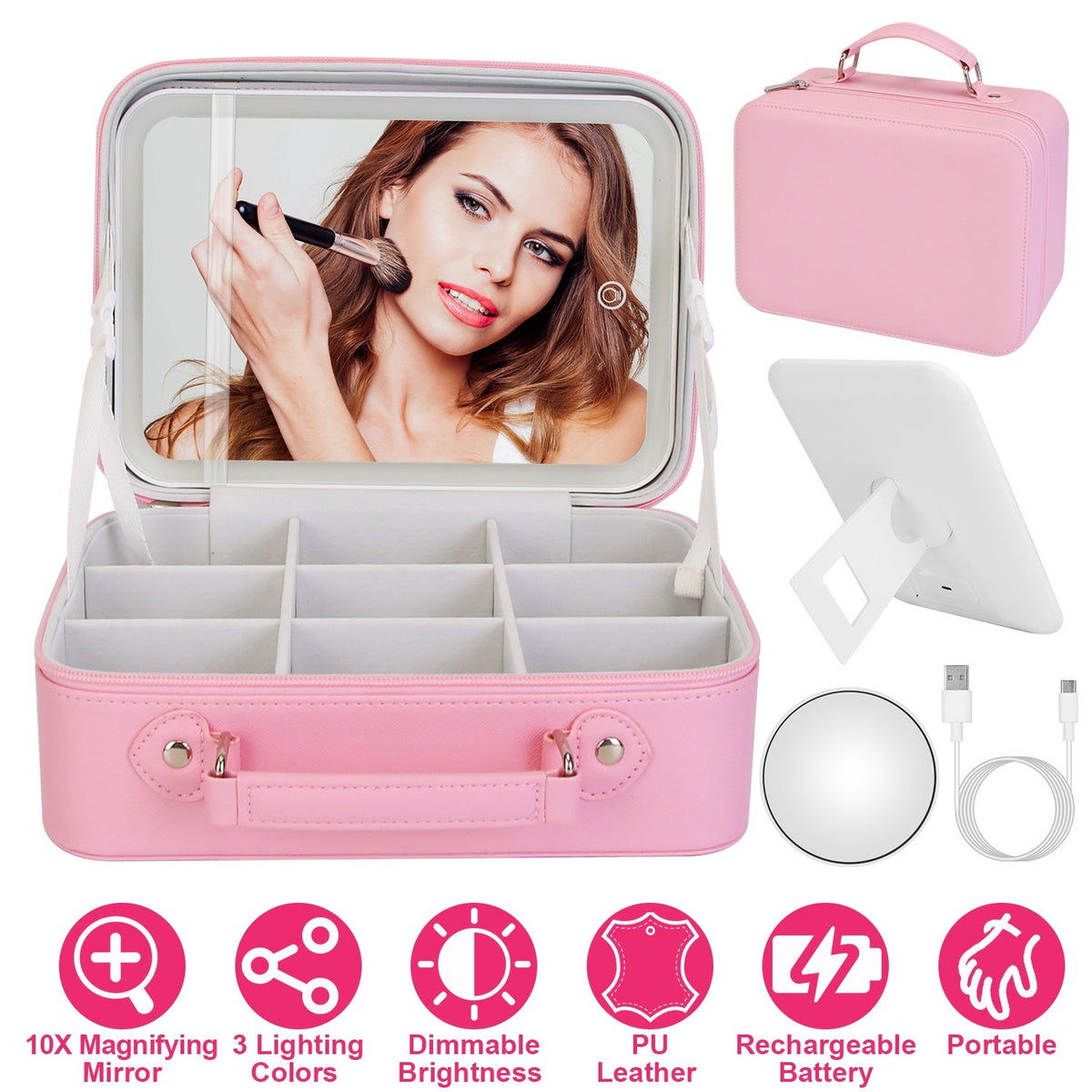 Travel Makeup Bag with LED Mirror & 10X Magnifier