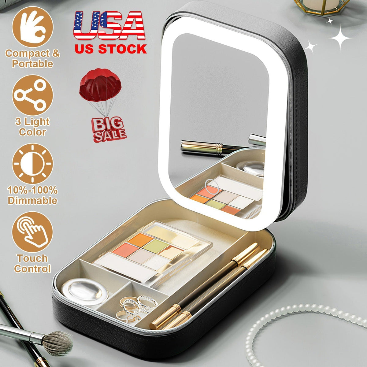 Travel Makeup Bag with Rechargeable LED Mirror