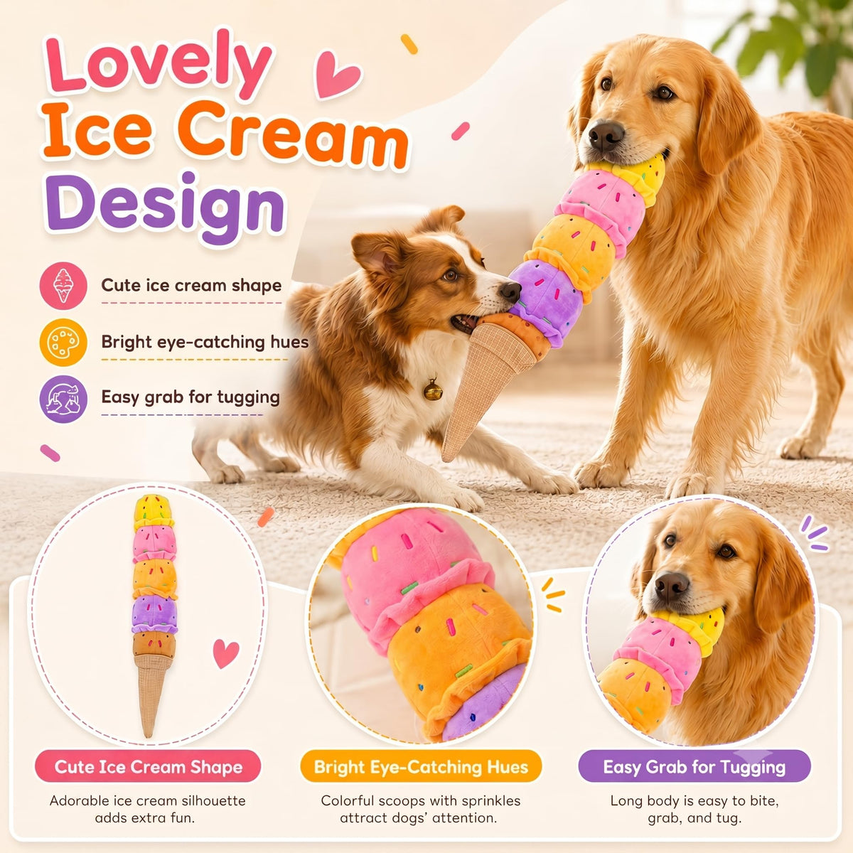 Rainbow Ice Cream Plush Squeaky Dog Toy – 17.7 Inches