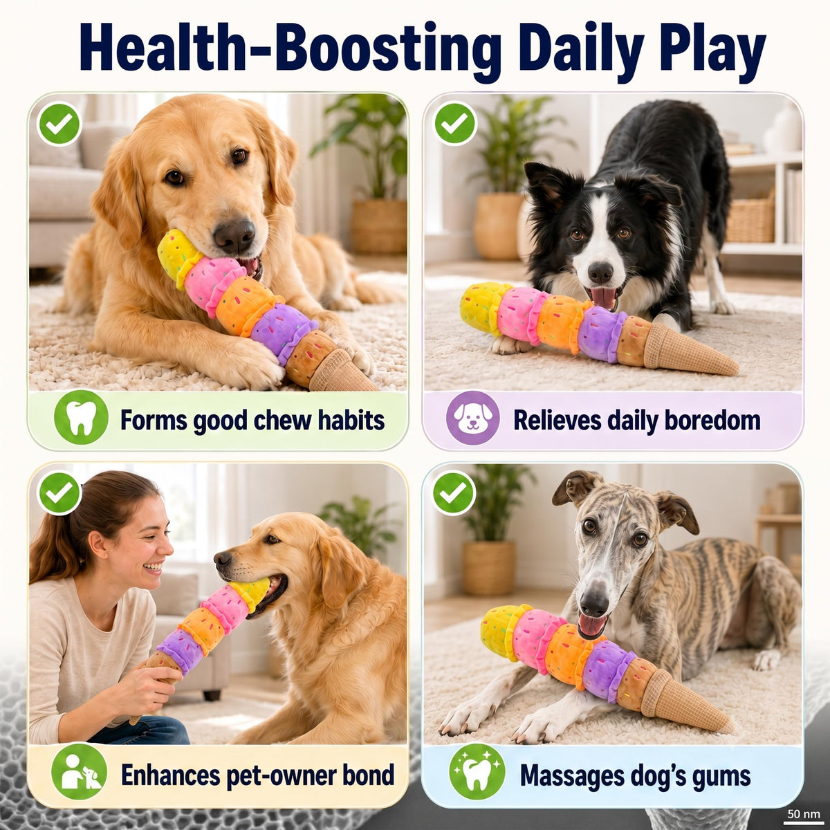 Rainbow Ice Cream Plush Squeaky Dog Toy – 17.7 Inches