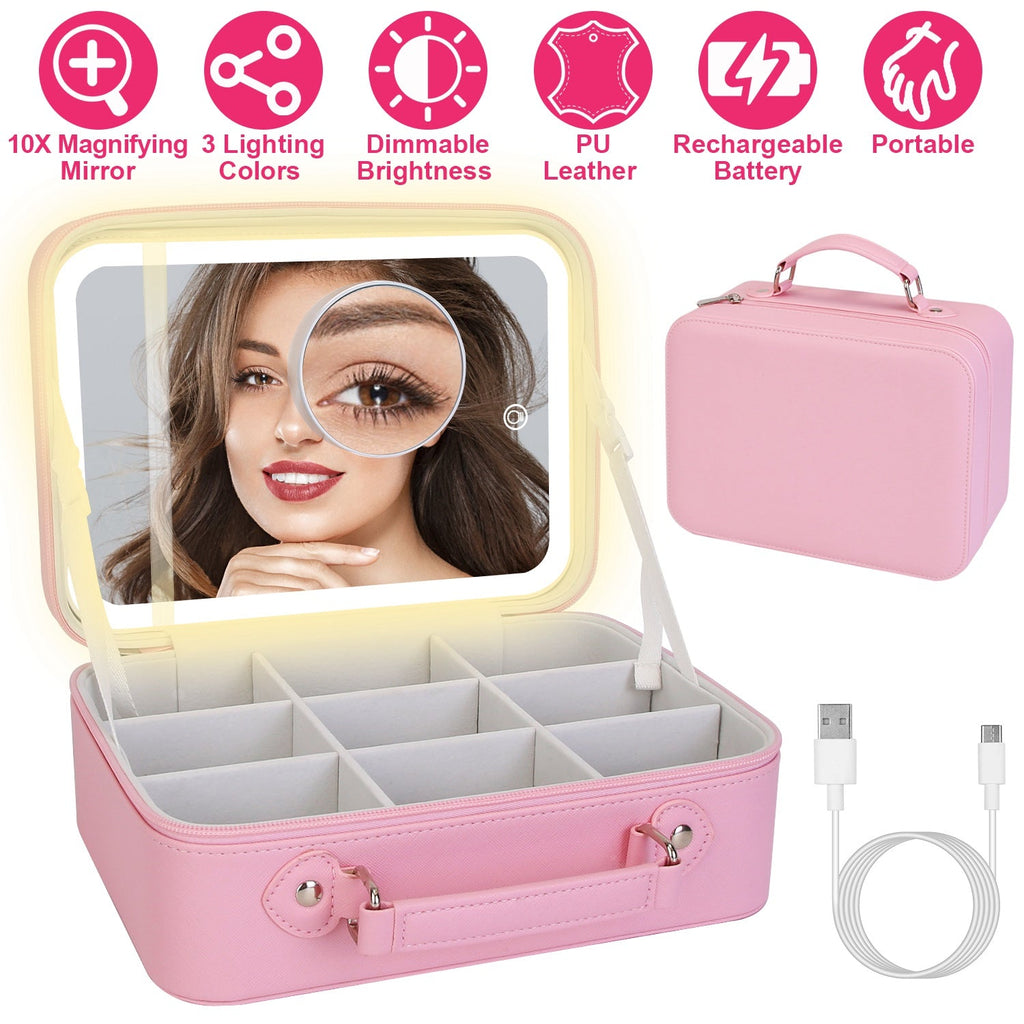 Travel Makeup Bag with LED Mirror & 10X Magnifier
