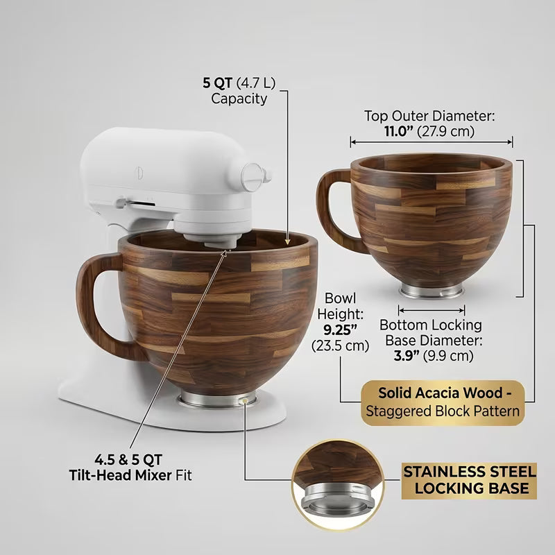 Natural Wood Stand Mixer Mixing Bowl with Side Grip