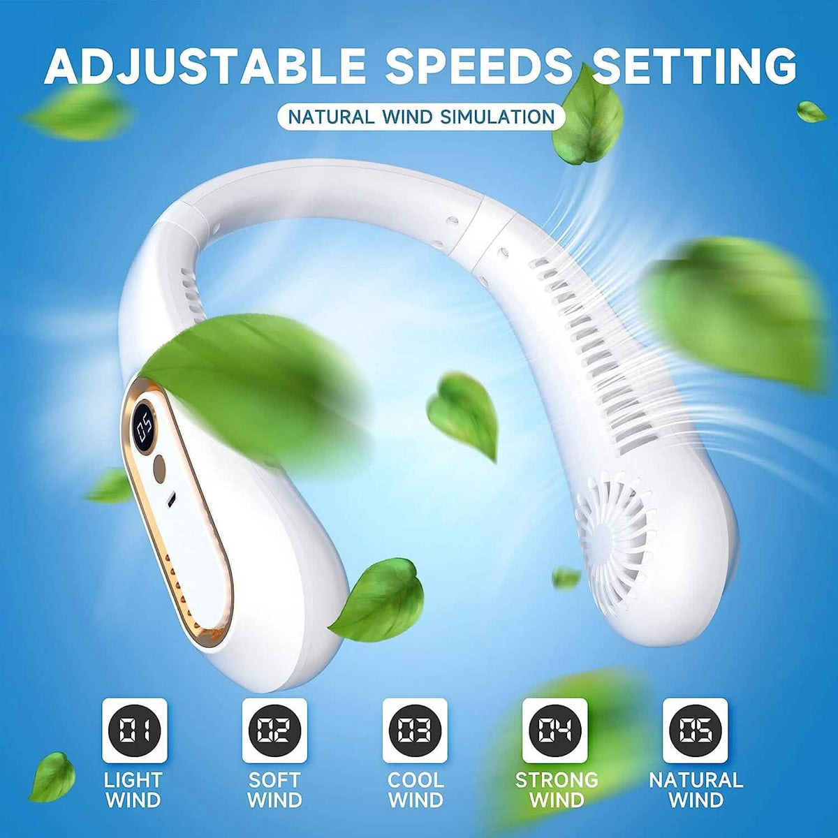5 Speeds Adjustable USB Rechargeable Battery Powered Personal Neck Fan
