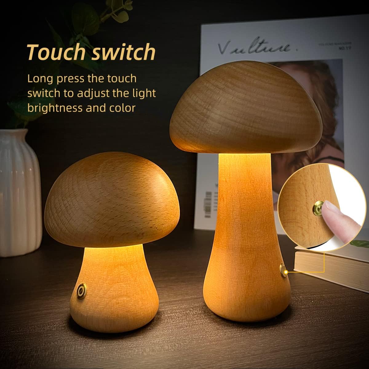 Wooden Mushroom Touch Night Light