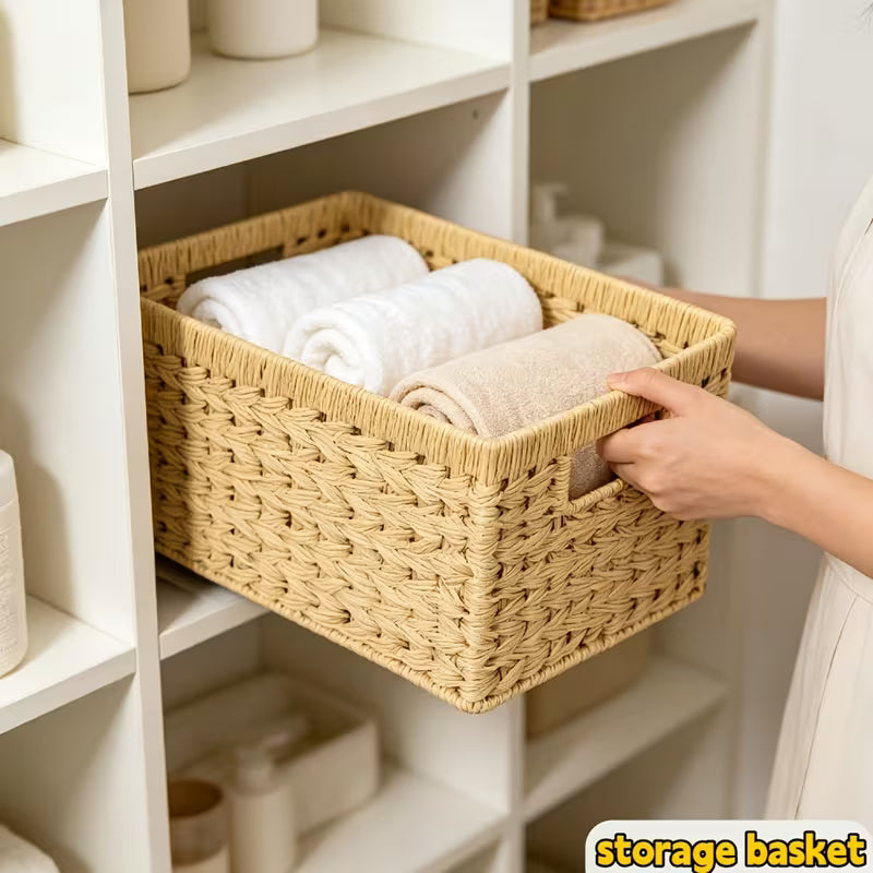 Woven Hyacinth Storage Baskets with Cut-out Handles