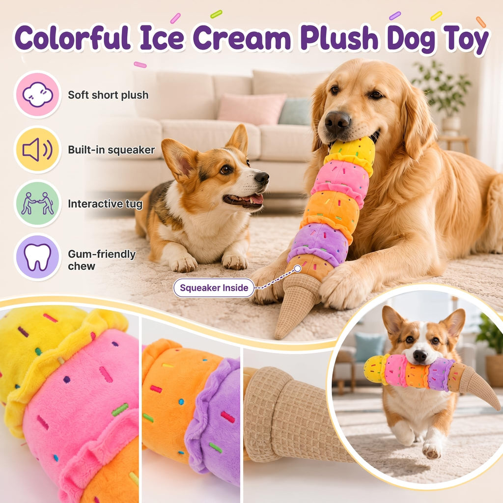Rainbow Ice Cream Plush Squeaky Dog Toy – 17.7 Inches