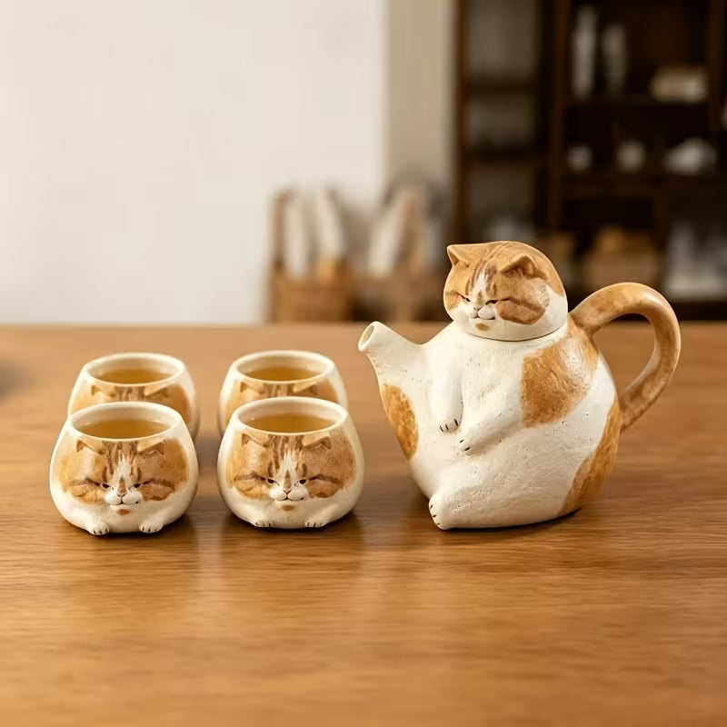Coarse Pottery Cat Teapot and Cup Set