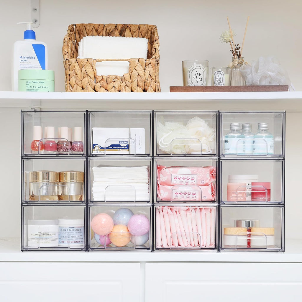 1 2 4 Pack Clear Stackable Storage Drawers, 11.2cm, 4.4in  Tall Acrylic Bathroom Makeup Organizer,Plastic Storage Bins For Vanity, Undersink, Kitchen Cabinets, Pantry, Home Organization