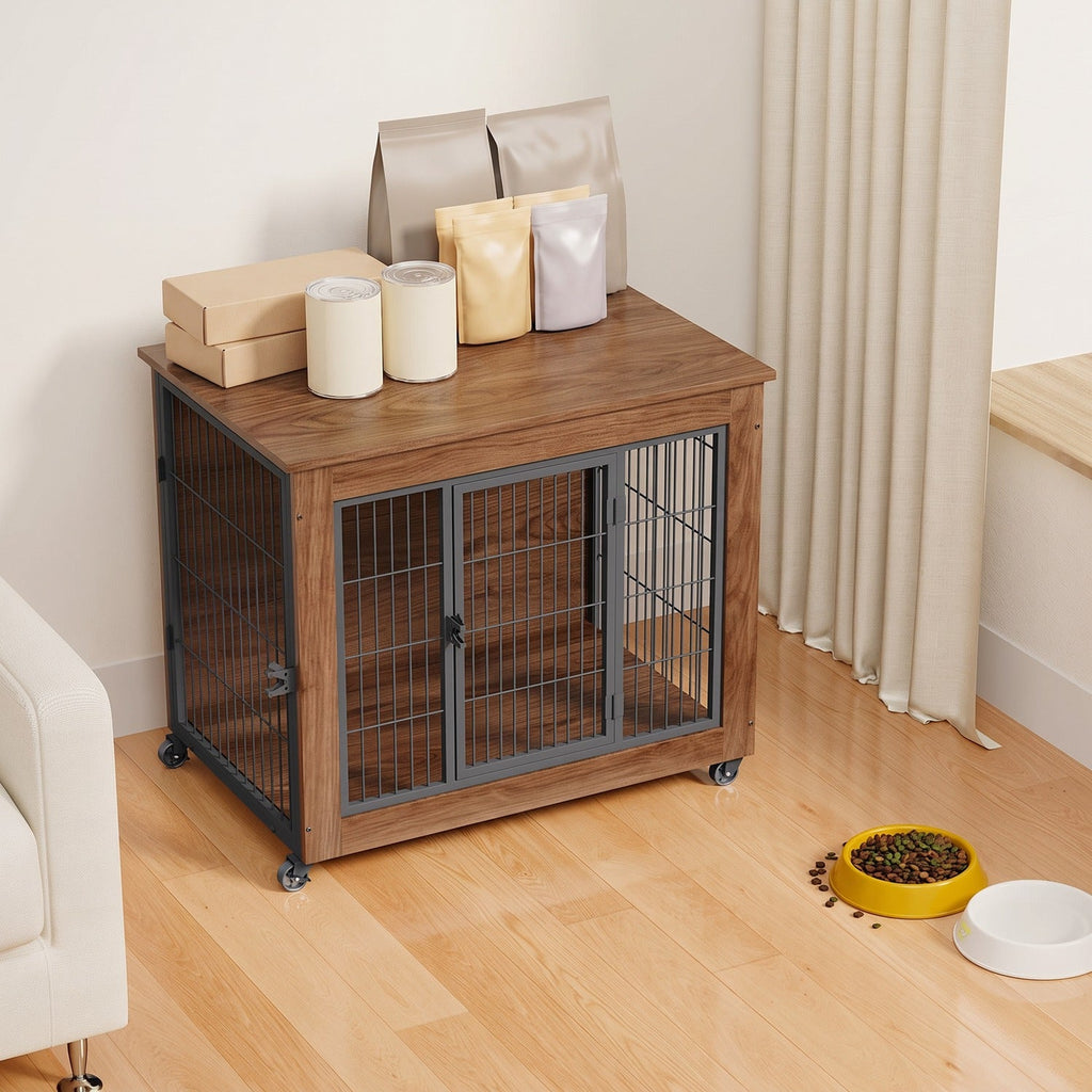 Dog Crate Furniture with Lockable Wheels & Dual Doors