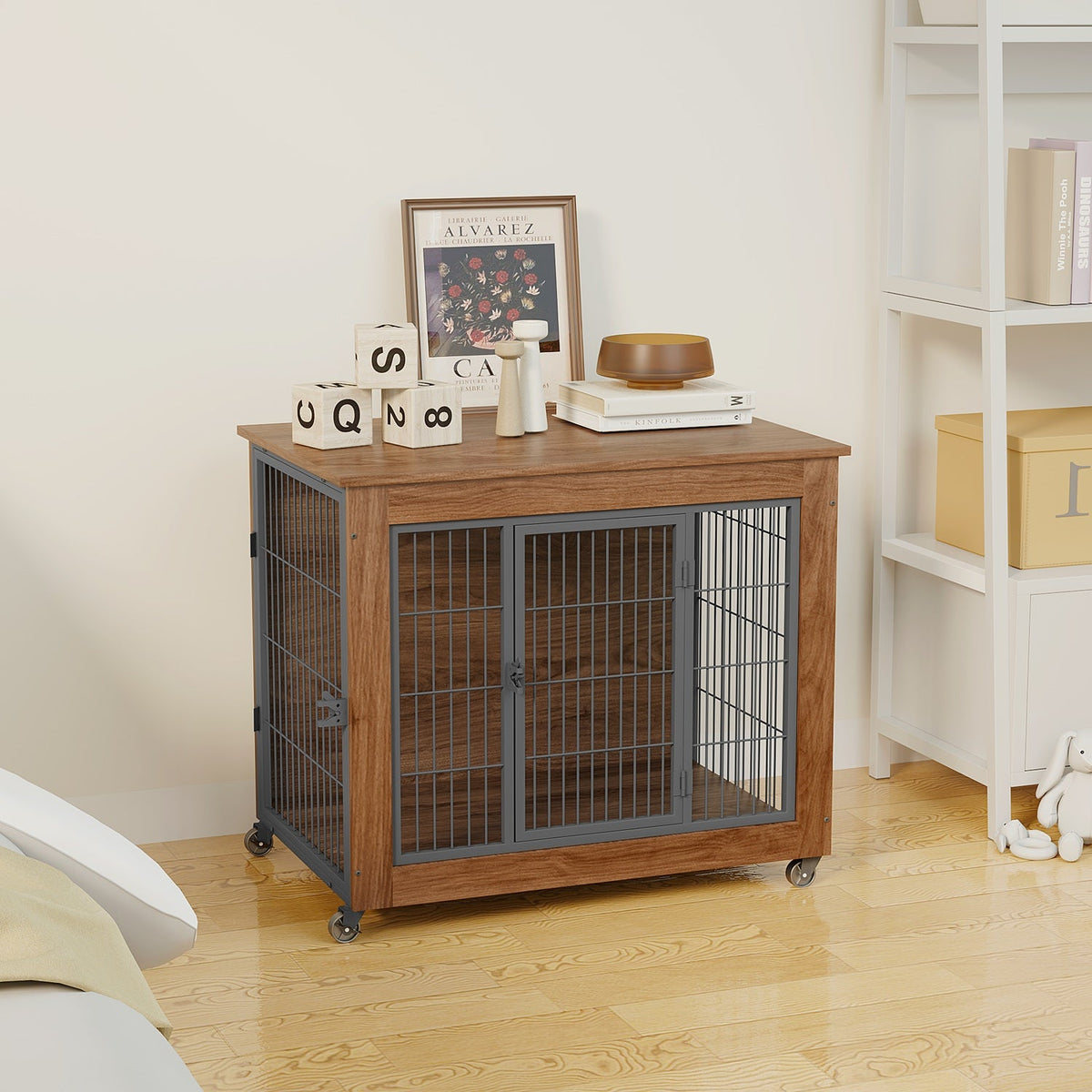 Dog Crate Furniture with Lockable Wheels & Dual Doors