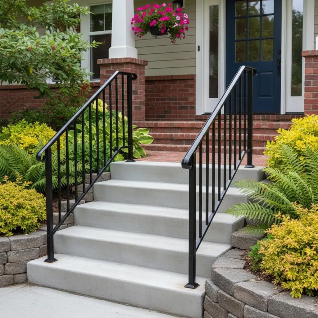 Outdoor Stair Handrail for 1–4 Steps, Adjustable Black Steel Railing
