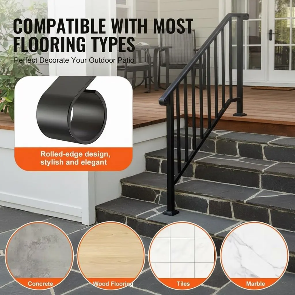 Outdoor Stair Handrail for 1–4 Steps, Adjustable Black Steel Railing
