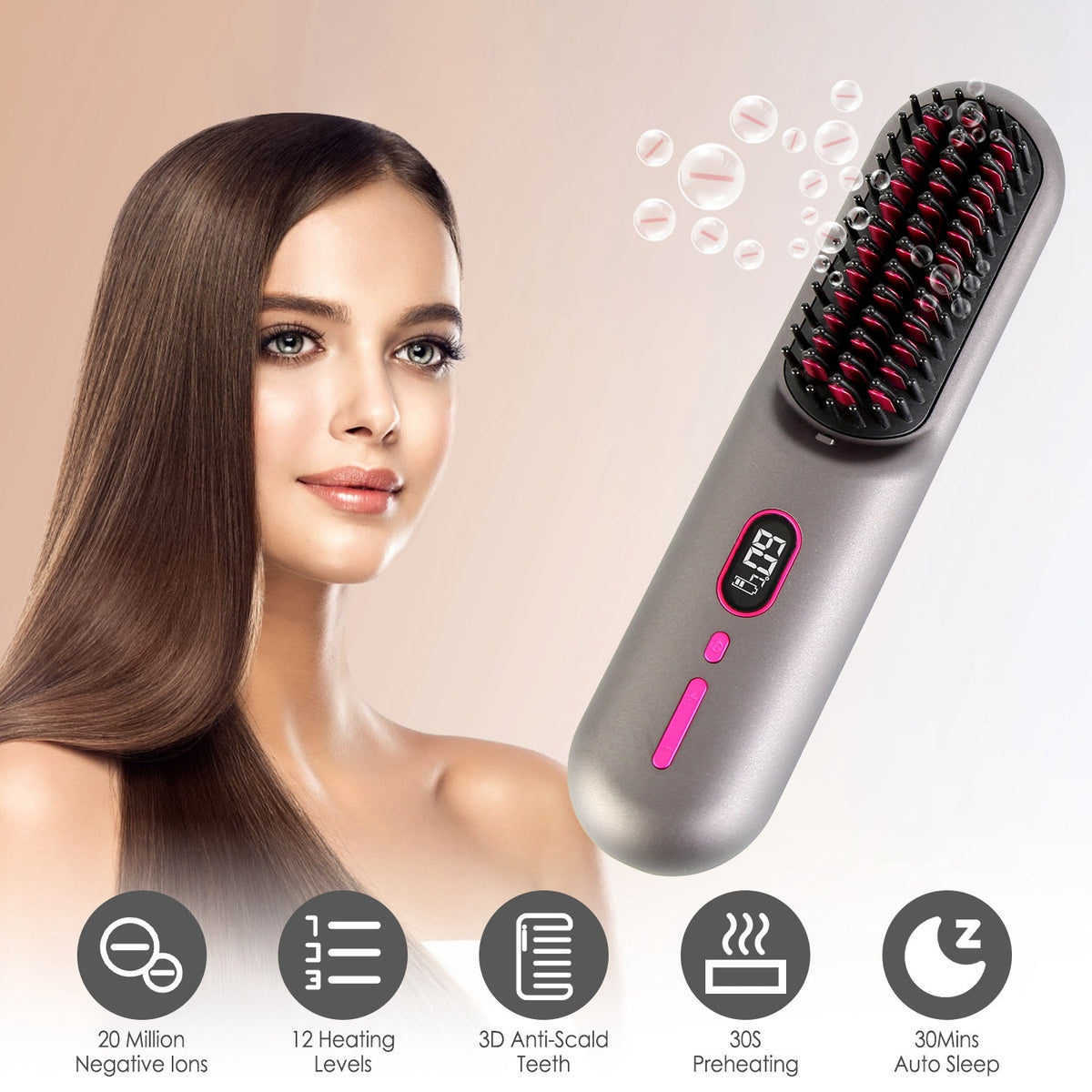 Cordless Hair Straightener Brush – 12 Heat Levels
