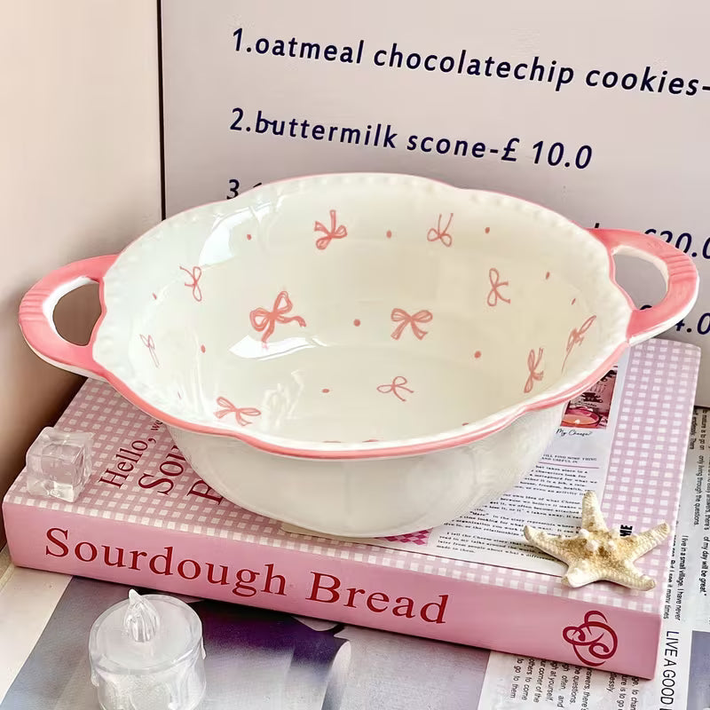 Large Ceramic Soup Bowl with Double Handles and Bowknot