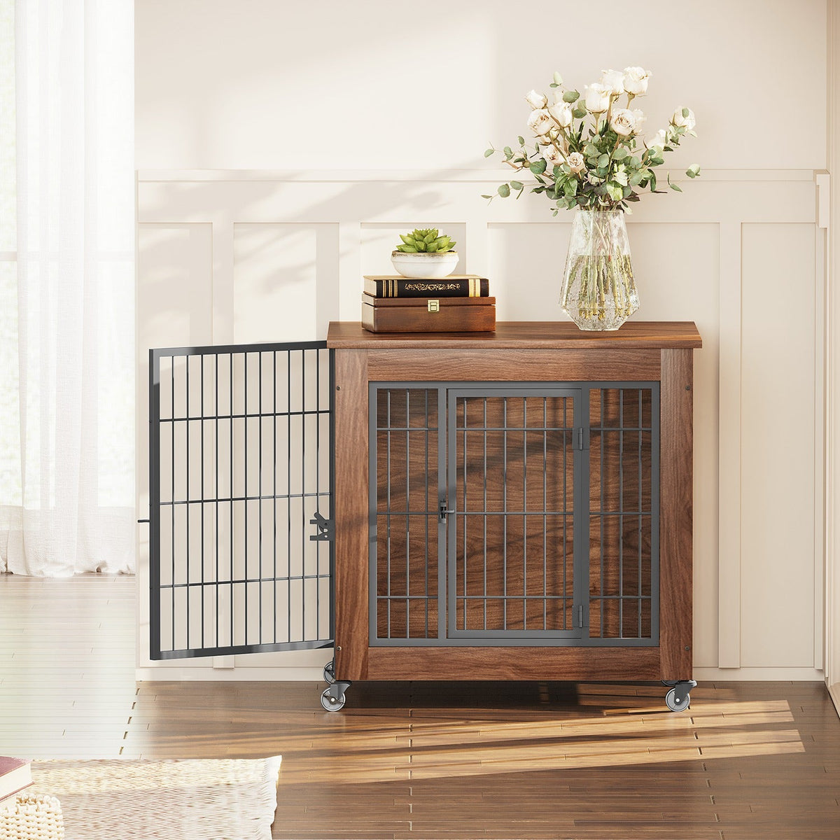 Dog Crate Furniture with Lockable Wheels & Dual Doors