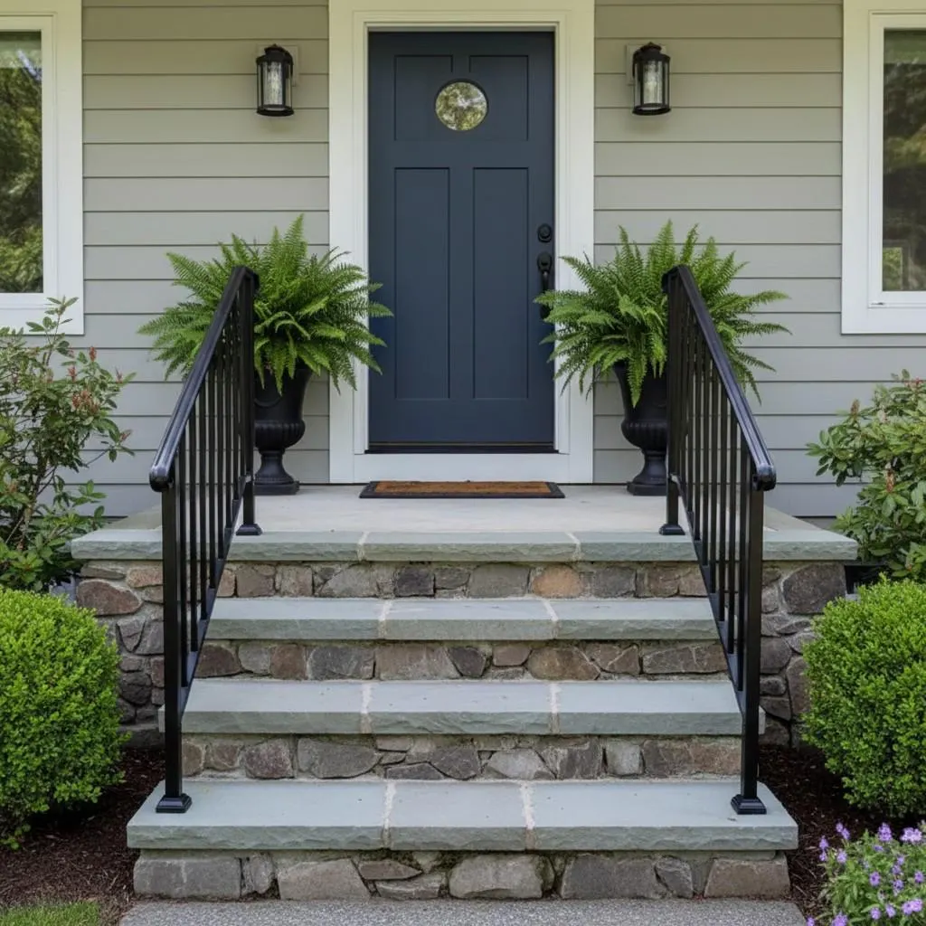 Outdoor Stair Handrail for 1–4 Steps, Adjustable Black Steel Railing