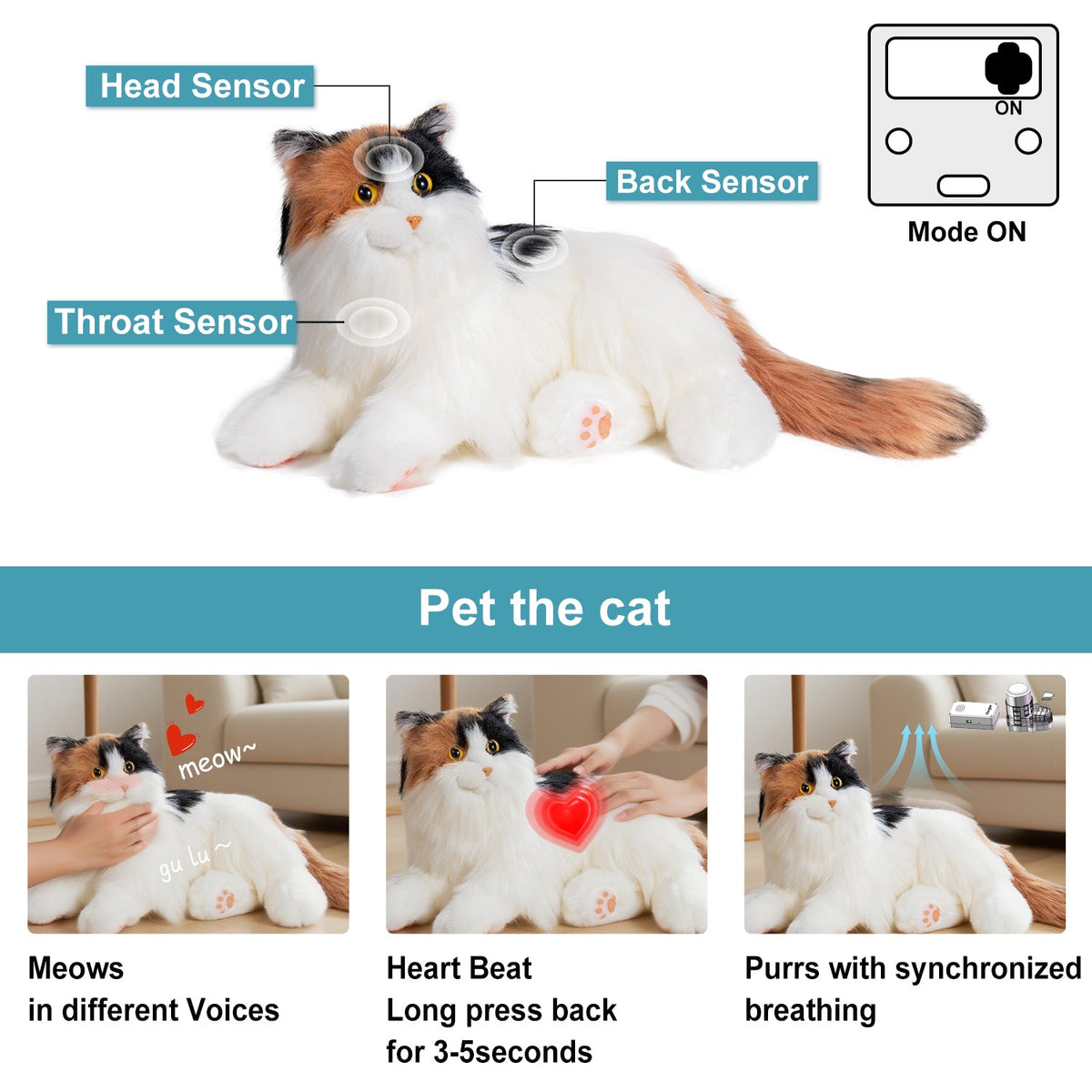 Breathing Calico Percy 2.0- Heartbeat Pur,Voice Robotic Cat