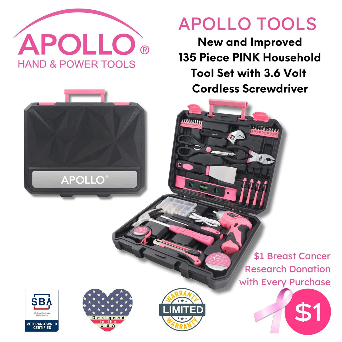 135-Piece Household Tool Set with Cordless Screwdriver