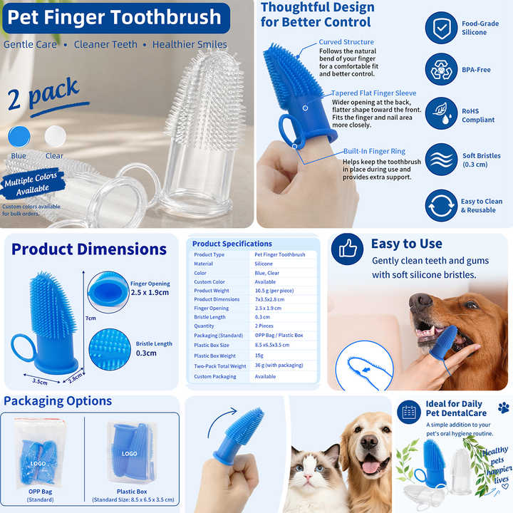 Soft silicone pet finger toothbrush with fixing ring for dogs and cats