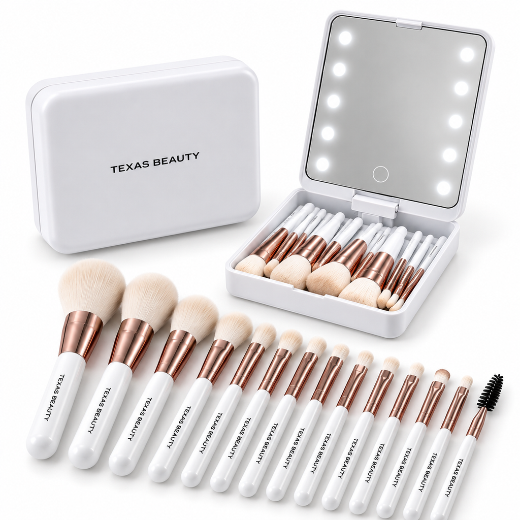 14-Piece Makeup Brush Set with LED Mirror Travel Case