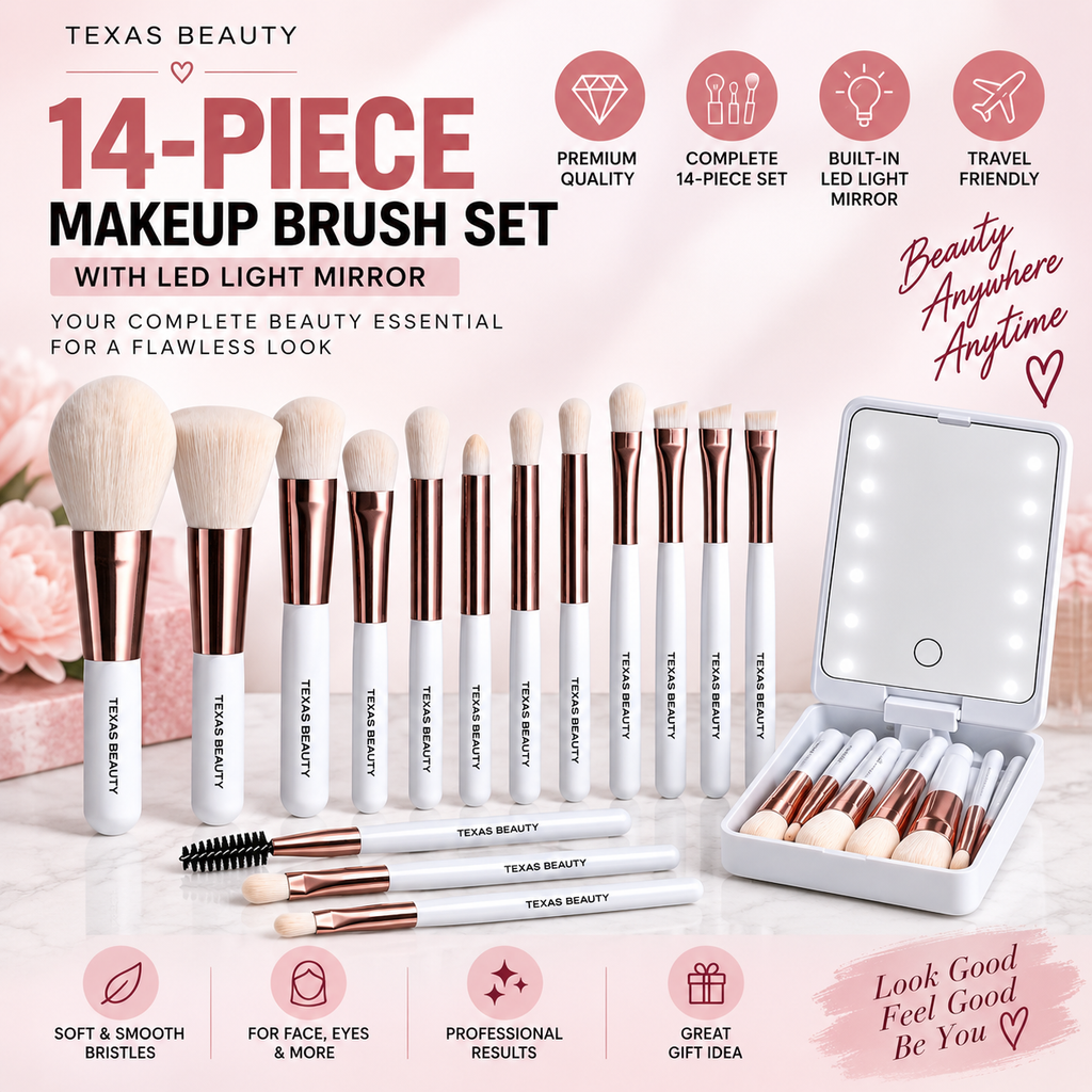 14-Piece Makeup Brush Set with LED Mirror Travel Case