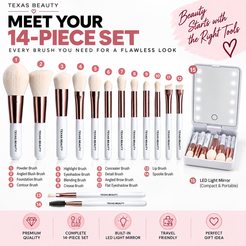 14-Piece Makeup Brush Set with LED Mirror Travel Case