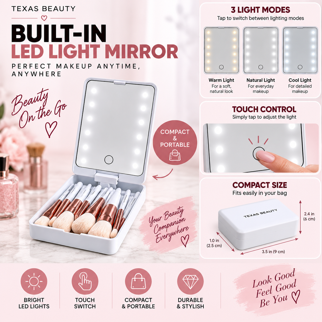 14-Piece Makeup Brush Set with LED Mirror Travel Case