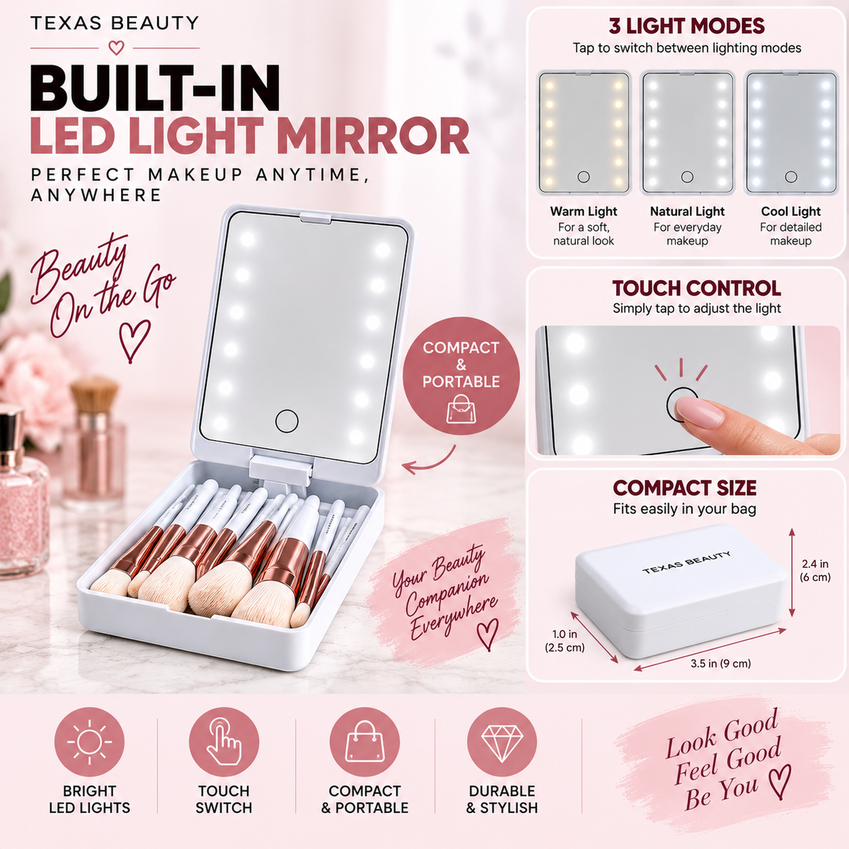 14-Piece Makeup Brush Set with LED Mirror Travel Case