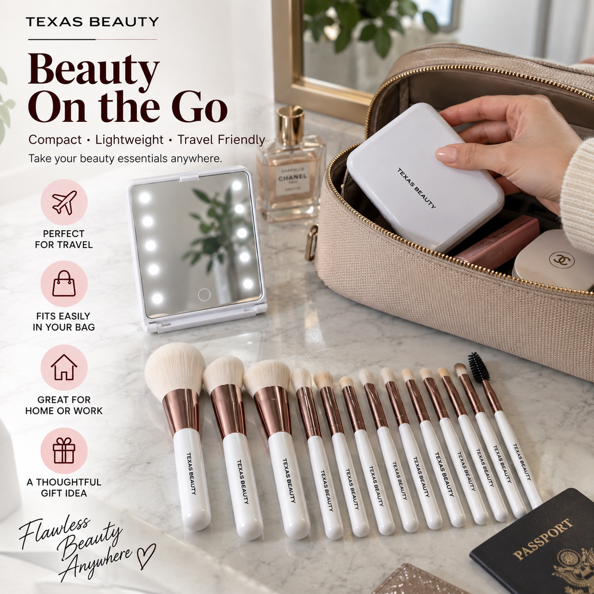 14-Piece Makeup Brush Set with LED Mirror Travel Case