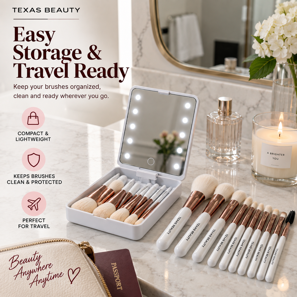 14-Piece Makeup Brush Set with LED Mirror Travel Case