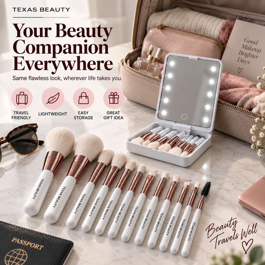 14-Piece Makeup Brush Set with LED Mirror Travel Case