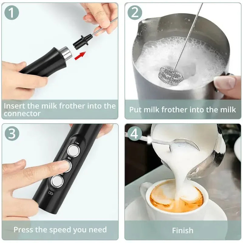 Rechargeable Electric Milk Frother – 3-Speed Handheld Coffee Foam Maker