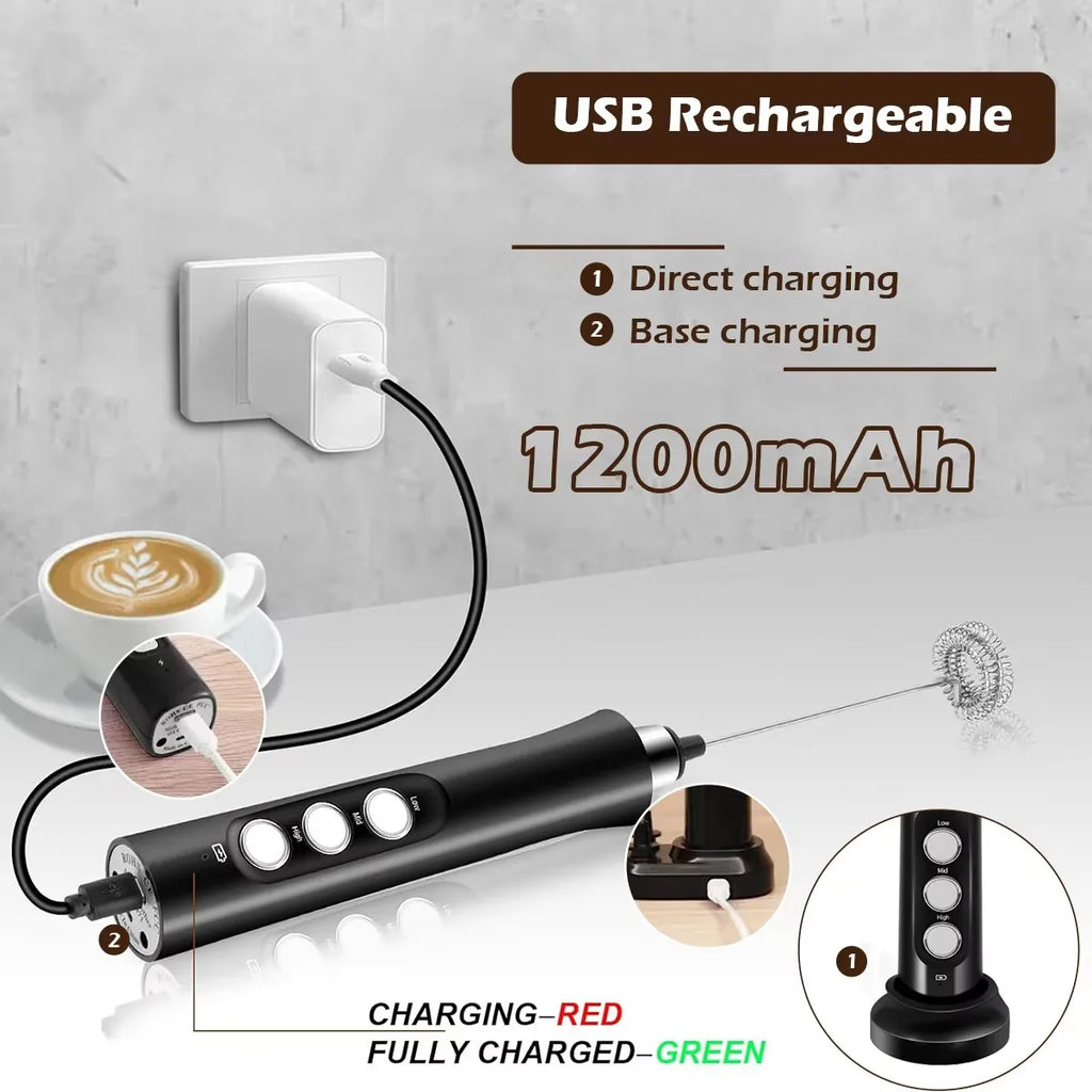 Rechargeable Electric Milk Frother – 3-Speed Handheld Coffee Foam Maker