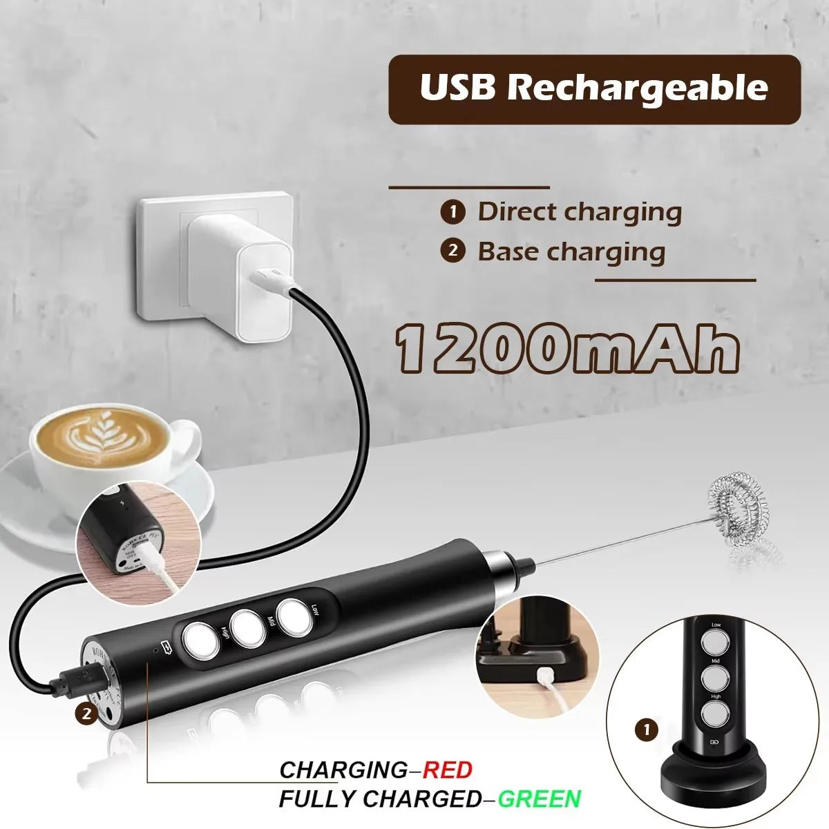 Rechargeable Electric Milk Frother – 3-Speed Handheld Coffee Foam Maker