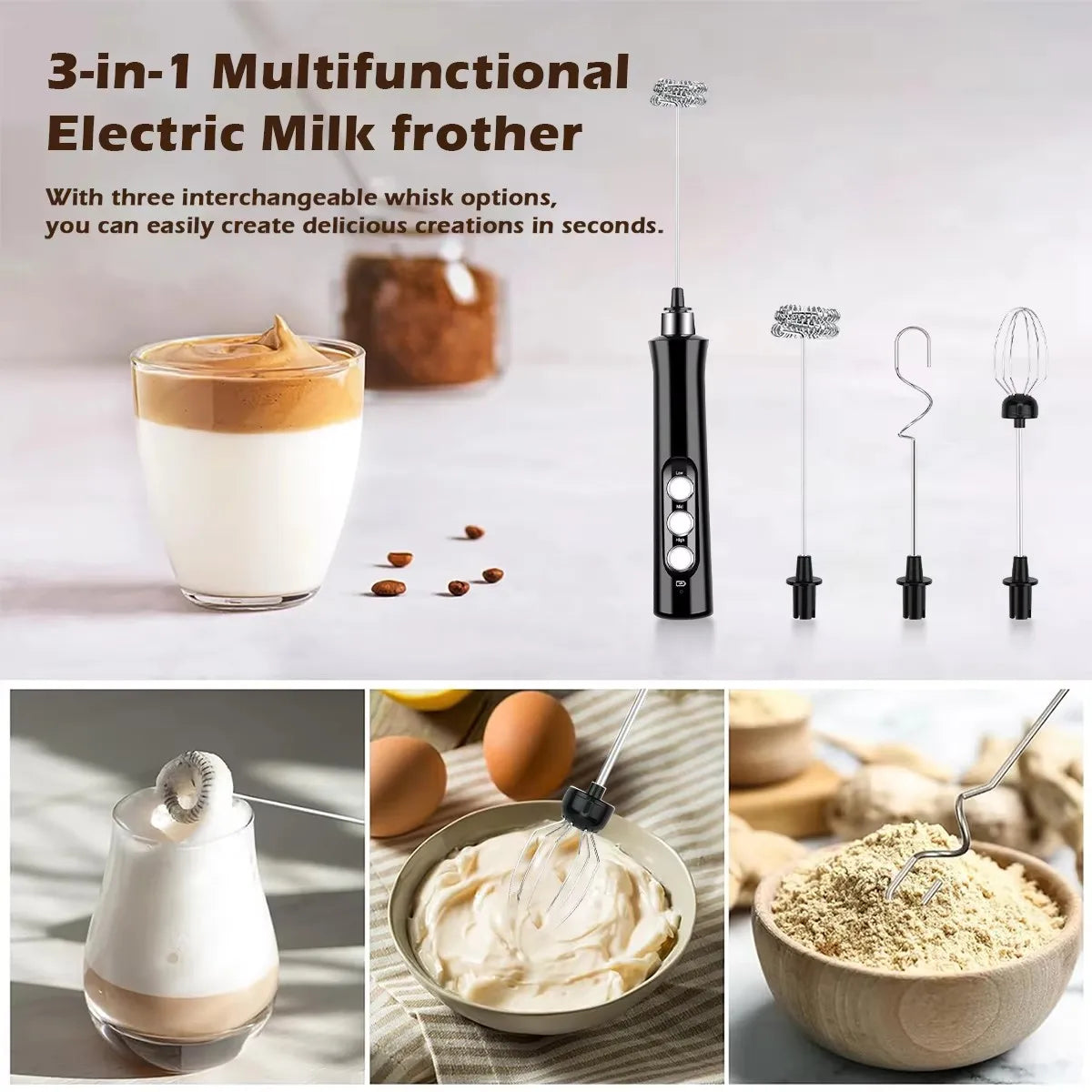 Rechargeable Electric Milk Frother – 3-Speed Handheld Coffee Foam Maker