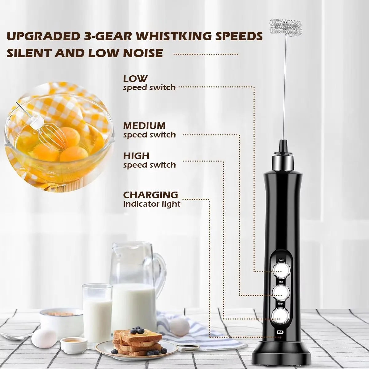 Rechargeable Electric Milk Frother – 3-Speed Handheld Coffee Foam Maker