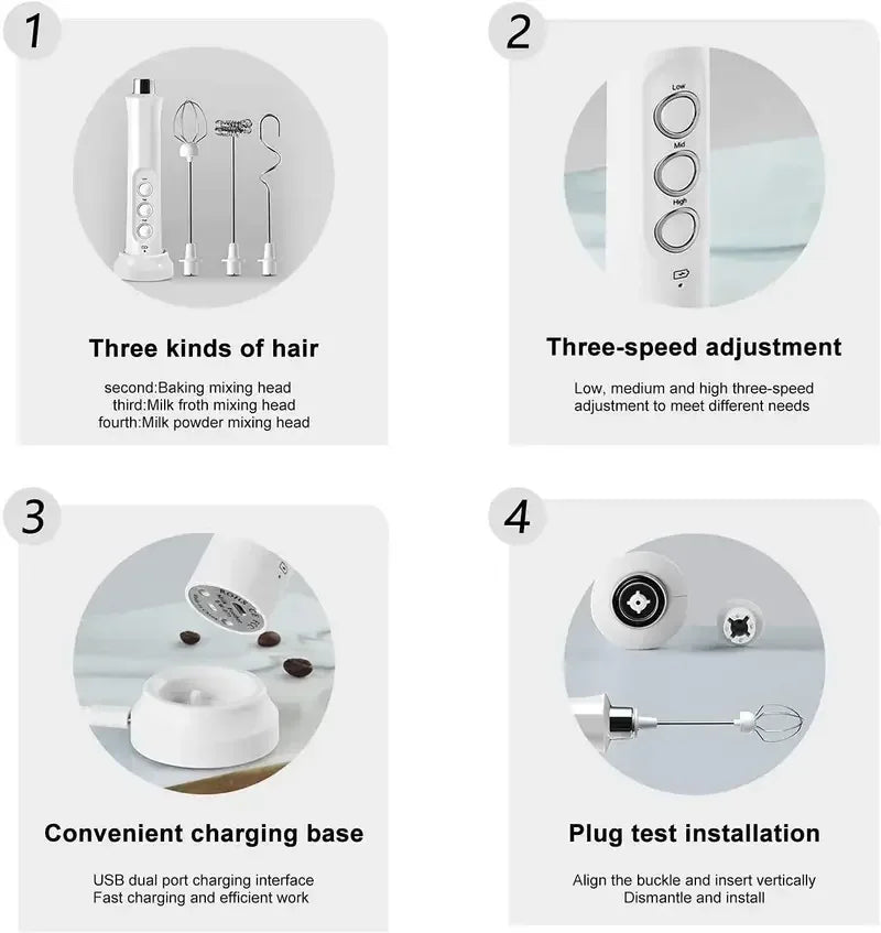 Rechargeable Electric Milk Frother – 3-Speed Handheld Coffee Foam Maker