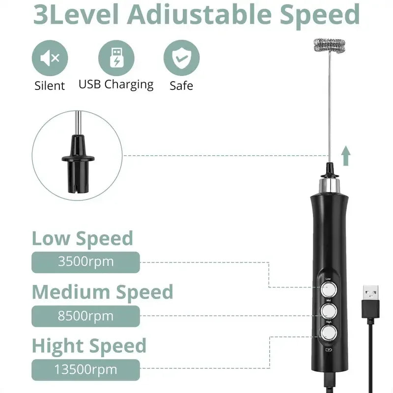 Rechargeable Electric Milk Frother – 3-Speed Handheld Coffee Foam Maker