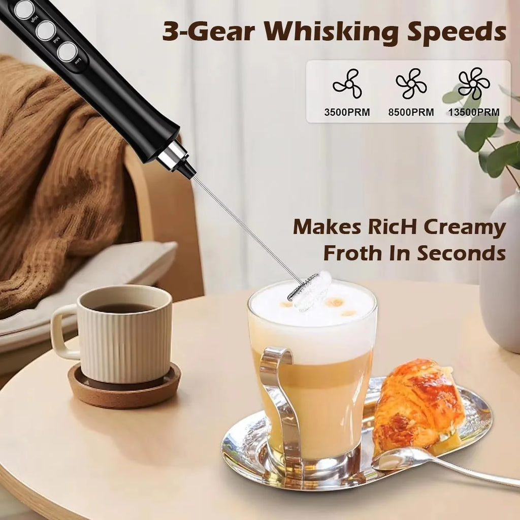 Rechargeable Electric Milk Frother – 3-Speed Handheld Coffee Foam Maker