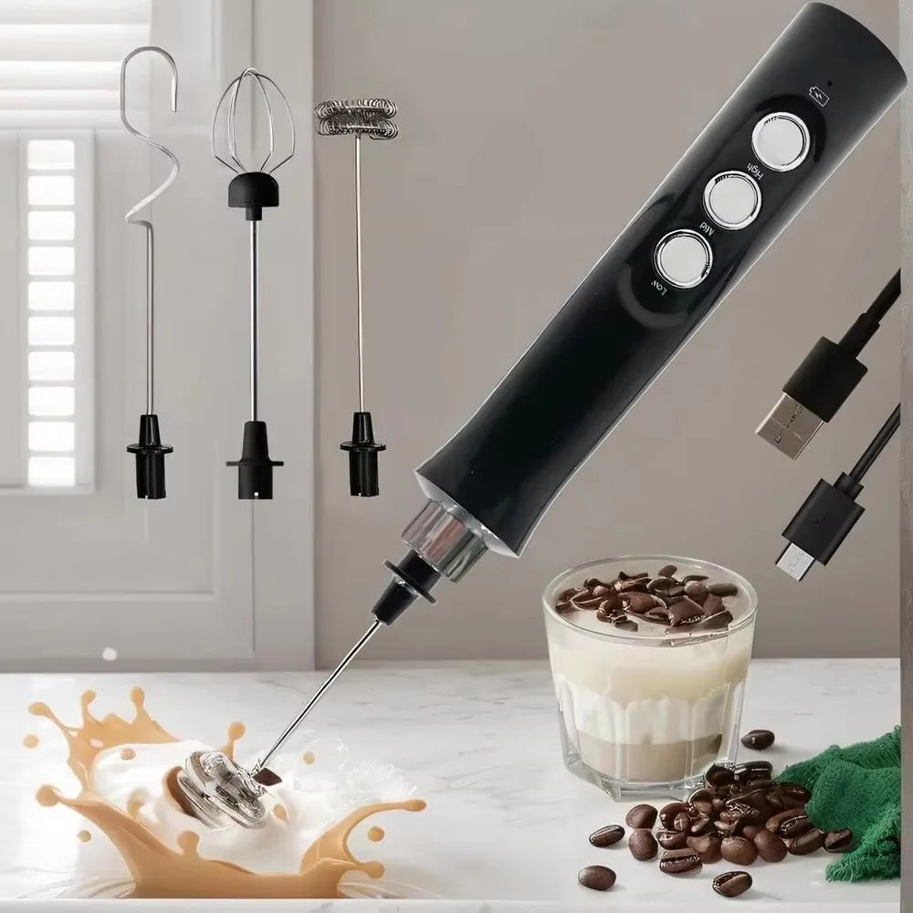 Rechargeable Electric Milk Frother – 3-Speed Handheld Coffee Foam Maker