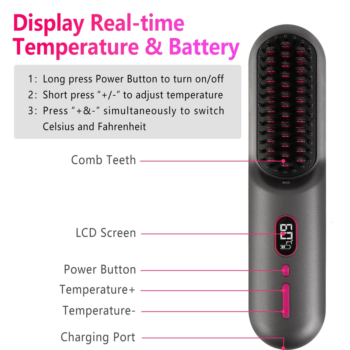 Cordless Hair Straightener Brush – 12 Heat Levels