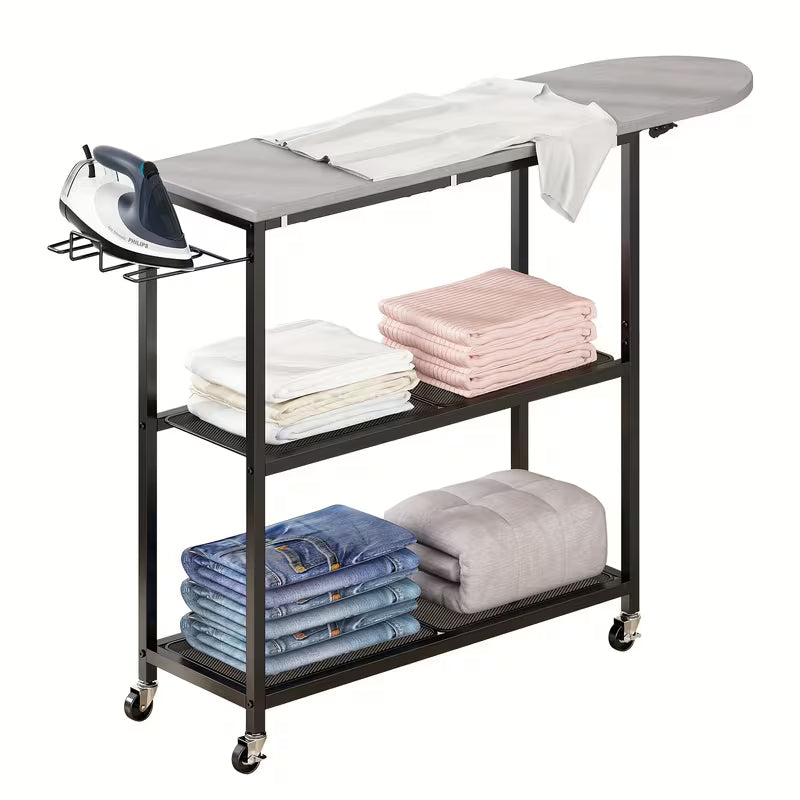 3-Layer Ironing Board Cart with Shelves and Rolling Wheels
