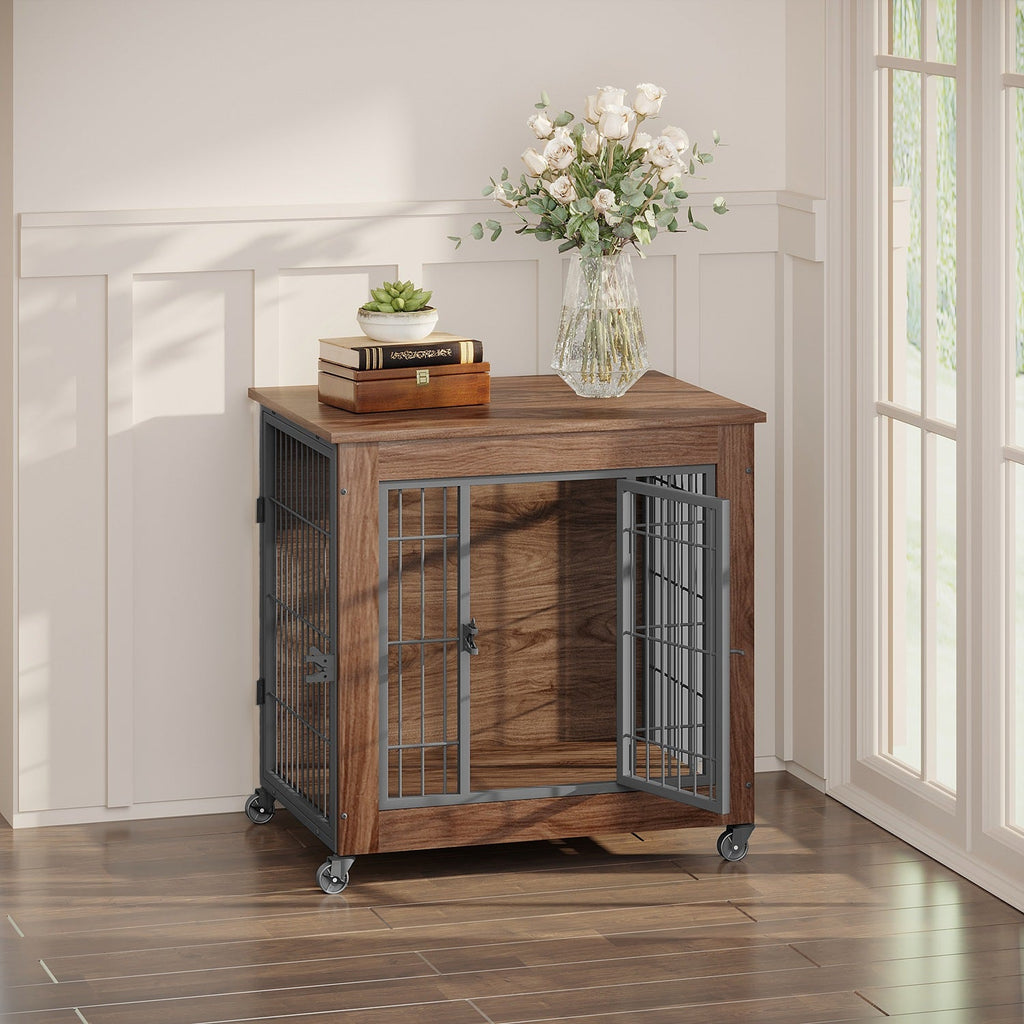 Dog Crate Furniture with Lockable Wheels & Dual Doors