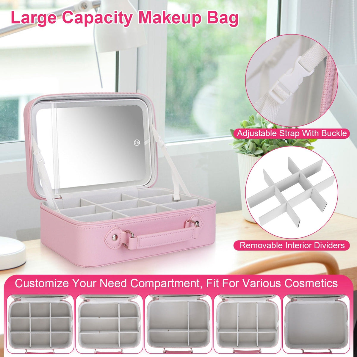 Travel Makeup Bag with LED Mirror & 10X Magnifier