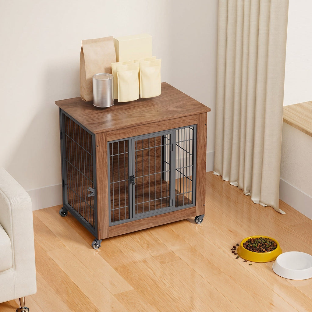 Dog Crate Furniture with Lockable Wheels & Dual Doors