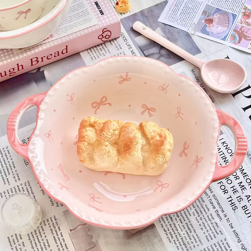 Large Ceramic Soup Bowl with Double Handles and Bowknot