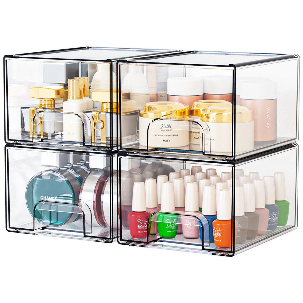 1 2 4 Pack Clear Stackable Storage Drawers, 11.2cm, 4.4in  Tall Acrylic Bathroom Makeup Organizer,Plastic Storage Bins For Vanity, Undersink, Kitchen Cabinets, Pantry, Home Organization